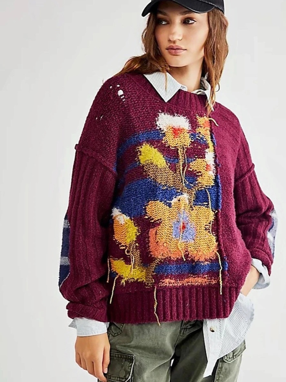 Free People Sophia Floral Pullover Sweater Burgundy Mixed Media Boho S